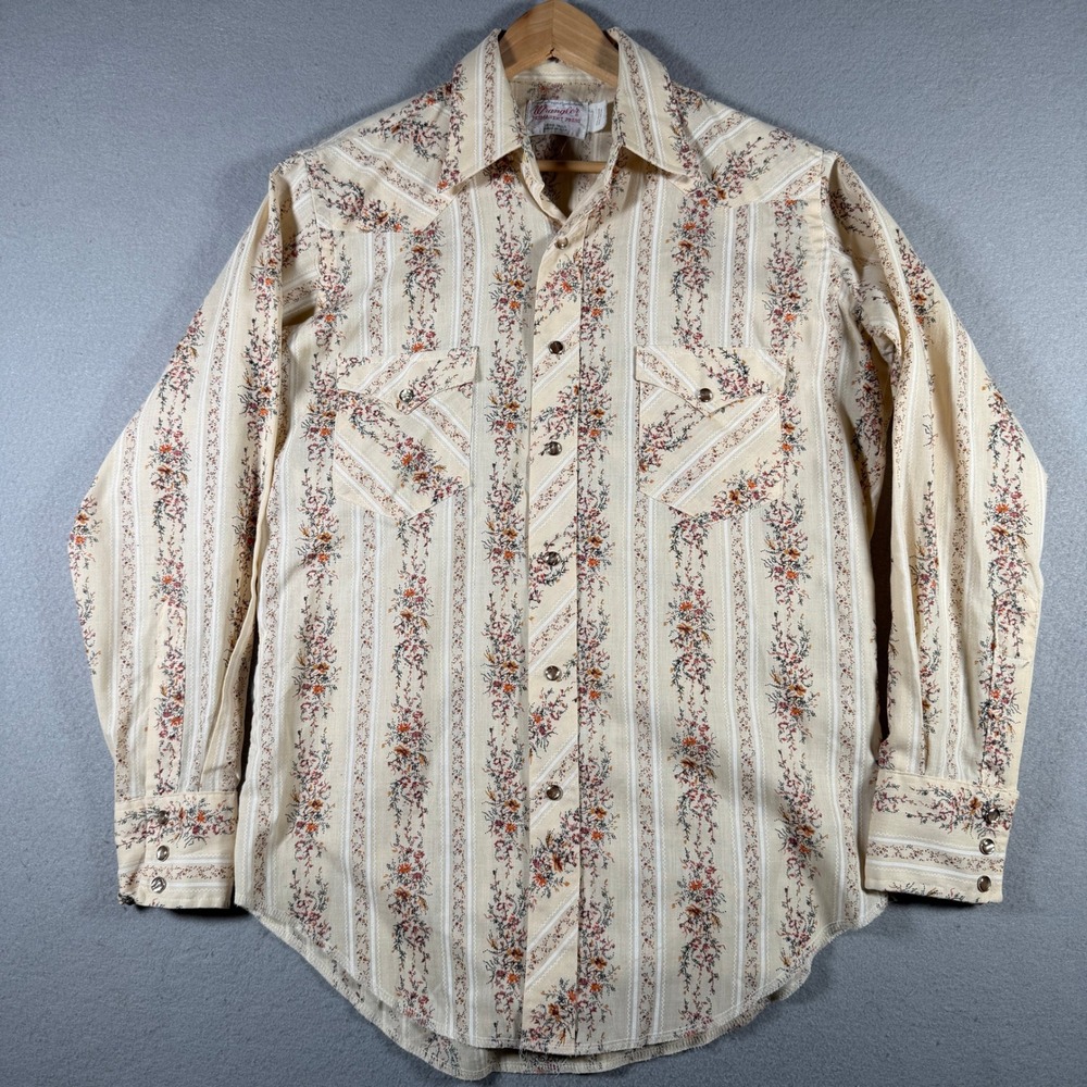 Vintage Wrangler Mens Western Pearl Snap Shirt Floral Stripe Cream L7019AA USA